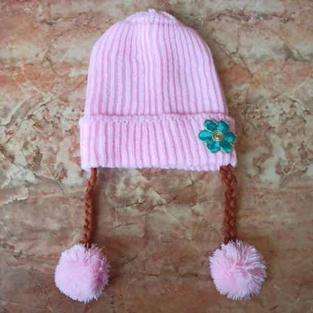 Topi Rajut Kepang Anak Bunga - Pink Soft